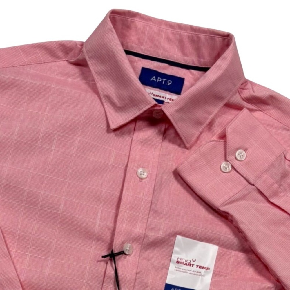 NEW Apt 9 Button Shirt Men S Coral Pink HeiQ Smart Temp Grid Check Long Sleeve